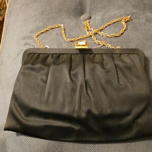 Vintage Black Satin Evening Clutch with Gold Chain